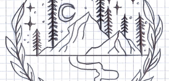 Une illustration dessinée à la main représente des montagnes, des arbres et une rivière, entourés d’une couronne de feuilles avec une lune et des étoiles.